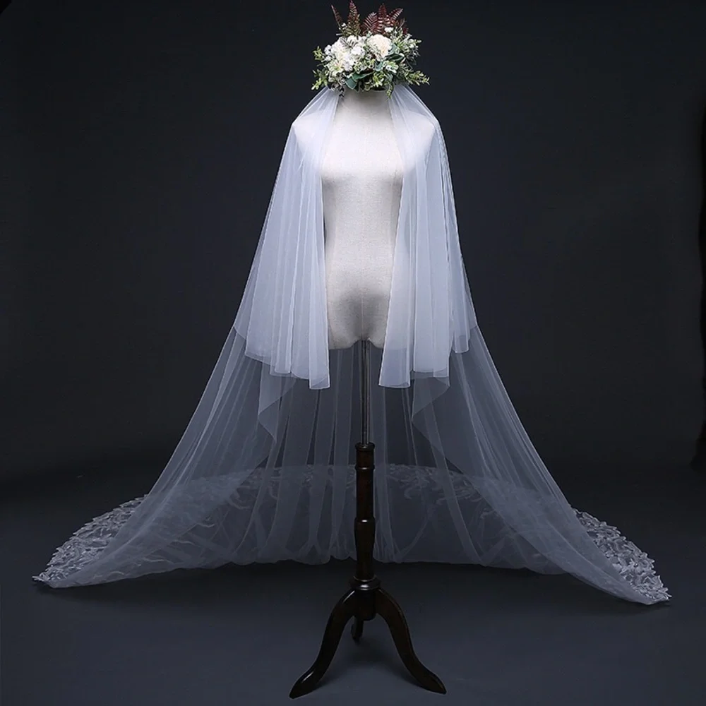3M Cathedral Length White Bridal Veil with Lace Edge